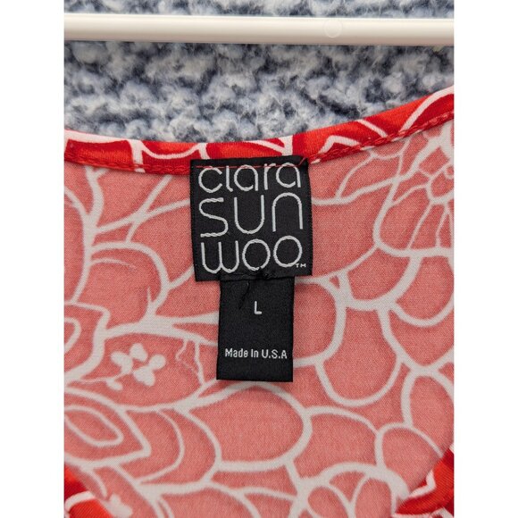 Clara Sun Woo Sharkbite Hem Tunic Top Size LG Floral Lightweight Boho USA Red - Picture 9 of 10